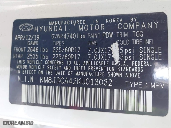 2019 Hyundai Tucson Value with VIN KM8J3CA42KU013032, listed as a IAAI auction lot 41880465 with 51,332 mi miles. Bid and sale history available at carsss.com. Image 9.