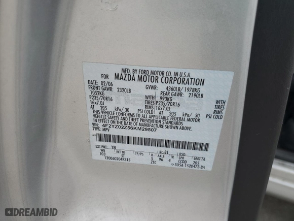 2006 Mazda Tribute i with VIN 4F2YZ02Z56KM29507, listed as a Copart auction lot 43687275 with 192,478 mi miles and Salvage Title. Bid and sale history available at carsss.com. Image 14.