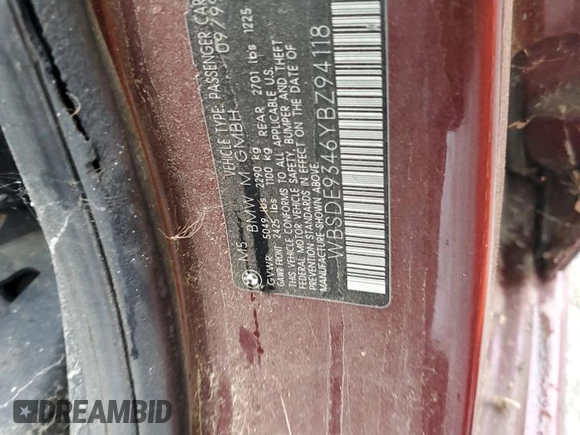 2000 BMW M5 z VIN WBSDE9346YBZ94118, wystawiony jako Copart lot #82637564 z przebiegiem Nie podano mil oraz Szkody całkowita. Historia ofert i sprzedaży dostępna na DreamBid. Obrazek 12.