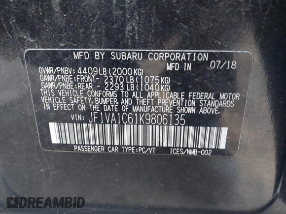 2019 Subaru WRX Premium z VIN JF1VA1C61K9806135, wystawiony jako IAAI lot #41994764 z przebiegiem 56 727 mil mil oraz . Historia ofert i sprzedaży dostępna na DreamBid. Obrazek 9.