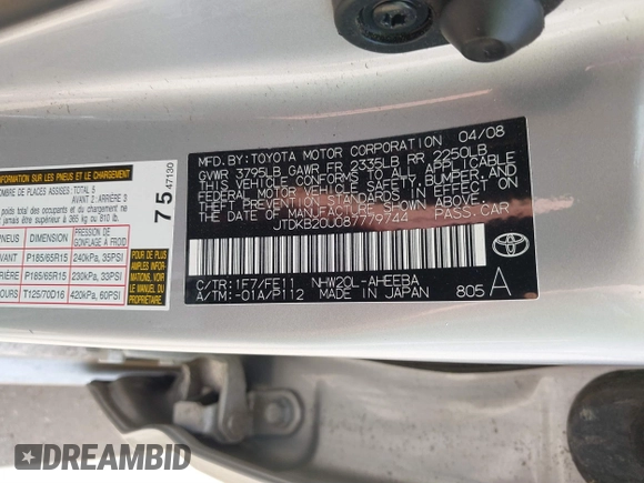 2008 Toyota Prius z VIN JTDKB20U087779744, wystawiony jako IAAI lot #40013342 z przebiegiem 84 999 mil mil oraz . Historia ofert i sprzedaży dostępna na DreamBid. Obrazek 9.