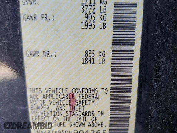 2013 Nissan Sentra SV with VIN 1N4AB7AP5DN904265, listed as a Copart auction lot 50575225 with 135,235 mi miles and Salvage Title. Bid and sale history available at DreamBid. Image 12.