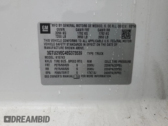 2014 GMC Sierra 1500 SLT with VIN 3GTU2VEC4EG373539, listed as a Copart auction lot 53978665 with 157,081 mi miles and Salvage title. Bid and sale history available at DreamBid. Image 12.