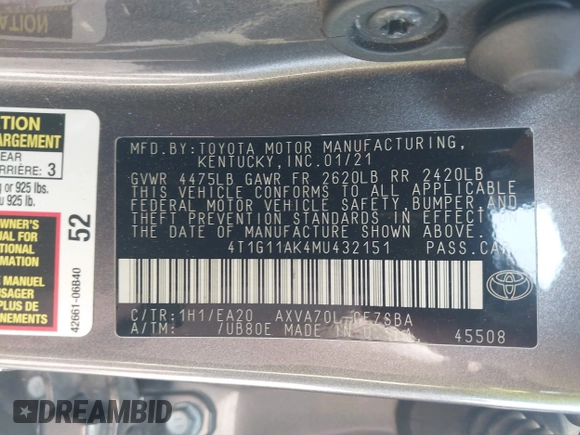 2021 Toyota Camry SE Nightshade with VIN 4T1G11AK4MU432151, listed as a IAAI auction lot 41672800 with 82,051 mi miles. Bid and sale history available at carsss.com. Image 9.