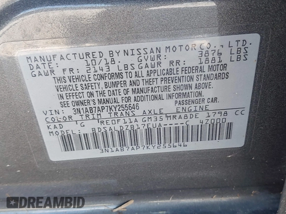 2019 Nissan Sentra SV with VIN 3N1AB7AP7KY255646, listed as a IAAI auction lot 39419789 with 118,216 mi miles and . Bid and sale history available at DreamBid. Image 9.