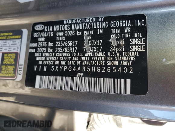2017 Kia Sorento LX z VIN 5XYPG4A35HG265402, wystawiony jako Copart lot #79926994 z przebiegiem Nie podano mil oraz Szkoda całkowita • Salvage title. Historia ofert i sprzedaży dostępna na DreamBid. Obrazek 12.