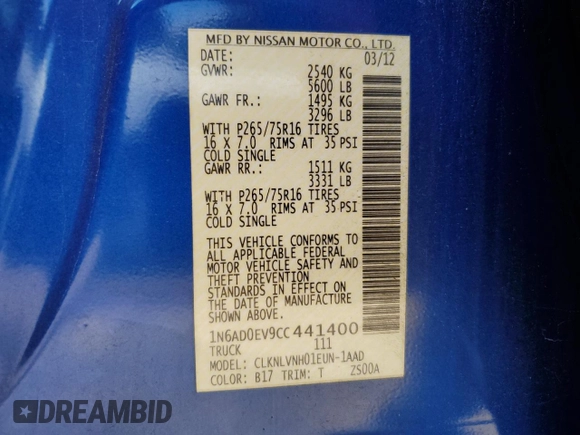 2012 Nissan Frontier SV with VIN 1N6AD0EV9CC441400, listed as a Copart auction lot 56835605 with Not provided miles and Non repairable. Bid and sale history available at DreamBid. Image 13.