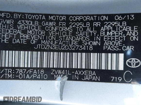 2013 Toyota Prius Two with VIN JTDZN3EU2D3273418, listed as a IAAI auction lot 40209238 with 138,606 mi miles and . Bid and sale history available at carsss.com. Image 9.