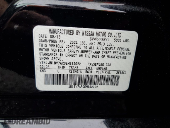 2014 Infiniti Q50 Premium with VIN JN1BV7AR0EM692022, listed as a Copart auction lot 60321765 with 72,366 mi miles and Salvage title. Bid and sale history available at DreamBid. Image 12.