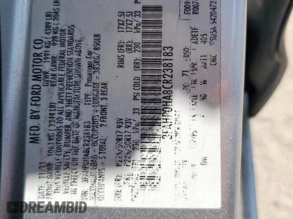 2012 Ford Fusion SE z VIN 3FAHP0HA8CR238183, wystawiony jako Copart lot #62134825 z przebiegiem 173 540 mil mil oraz Szkoda całkowita • Salvage title. Historia ofert i sprzedaży dostępna na DreamBid. Obrazek 12.