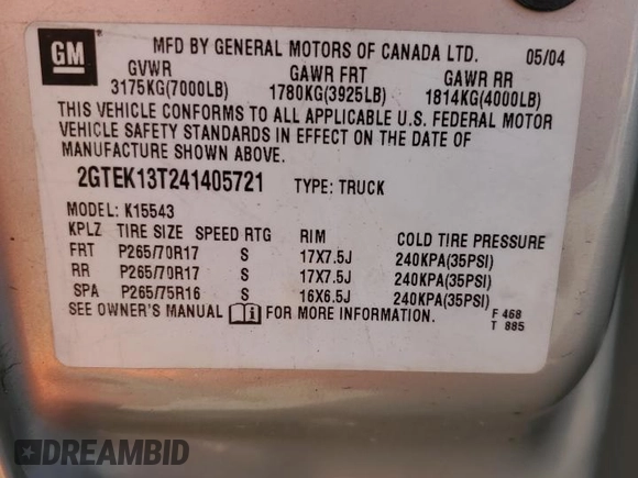 2004 GMC Sierra 1500 SLT z VIN 2GTEK13T241405721, wystawiony jako Copart lot #54399704 z przebiegiem 165 512 mil mil oraz Czysty tytuł • Clean title. Historia ofert i sprzedaży dostępna na DreamBid. Obrazek 12.