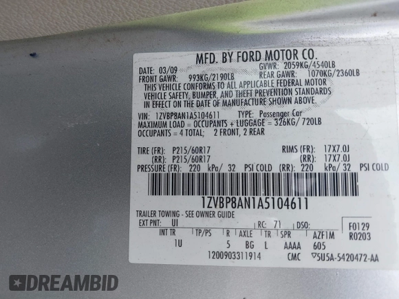 2010 Ford Mustang V6 with VIN 1ZVBP8AN1A5104611, listed as a IAAI auction lot 42062133 with 149,503 mi miles and . Bid and sale history available at DreamBid. Image 9.