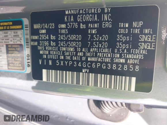 2023 Kia Telluride EX с VIN 5XYP34GC6PG382858, выставлен на аукционе IAAI как лот 42334256 с пробегом 48 684 миль миль и . История ставок и продаж доступна на DreamBid. Изображение 9.