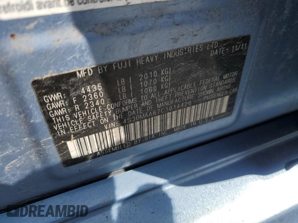 2012 Subaru Legacy 2.5i with VIN 4S3BMAA67C1014420, listed as a Copart auction lot 50129275 with 250,643 mi miles and Salvage title. Bid and sale history available at DreamBid. Image 14.