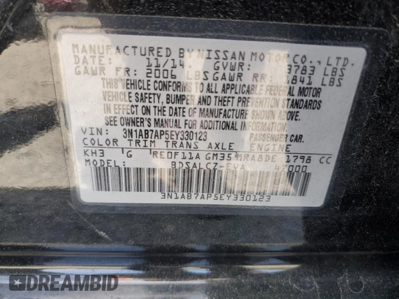 2014 Nissan Sentra S with VIN 3N1AB7AP5EY330123, listed as a Copart auction lot 55147985 with 214,759 mi miles and Clean Title. Bid and sale history available at DreamBid. Image 12.