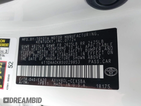 2025 Toyota Camry LE z VIN 4T1DAACK8SU029853, wystawiony jako IAAI lot #41813312 z przebiegiem 25 522 mil mil oraz . Historia ofert i sprzedaży dostępna na DreamBid. Obrazek 9.