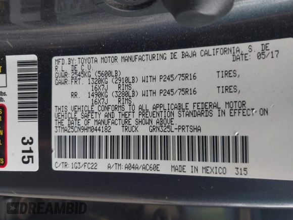 2017 Toyota Tacoma SR5 z VIN 3TMAZ5CN9HM044182, wystawiony jako IAAI lot #42116303 z przebiegiem 92 577 mil mil oraz . Historia ofert i sprzedaży dostępna na DreamBid. Obrazek 9.