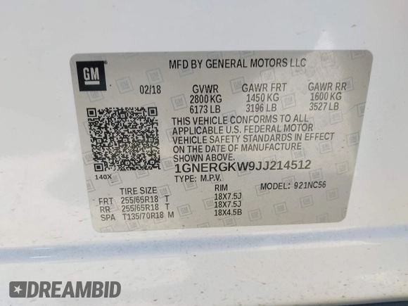 2018 Chevrolet Traverse LT Cloth z VIN 1GNERGKW9JJ214512, wystawiony jako IAAI lot #41397519 z przebiegiem 100 342 mil mil oraz . Historia ofert i sprzedaży dostępna na DreamBid. Obrazek 9.