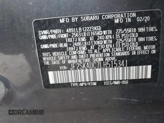 2020 Subaru Forester Limited with VIN JF2SKAUC7LH515341, listed as a IAAI auction lot 42425842 with 80,557 mi miles and . Bid and sale history available at DreamBid. Image 9.
