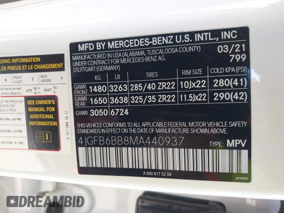 2021 Mercedes-Benz GLE 53 AMG with VIN 4JGFB6BB8MA440937, listed as a IAAI auction lot 41476090 with 39,693 mi miles and . Bid and sale history available at DreamBid. Image 9.