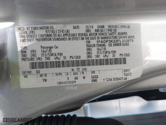 2015 Ford Focus SE with VIN 1FADP3K22FL202879, listed as a IAAI auction lot 41724039 with 169,240 mi miles. Bid and sale history available at carsss.com. Image 9.