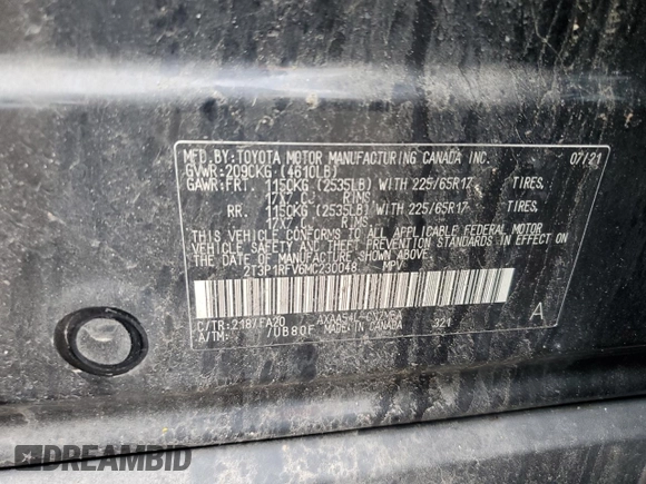 2021 Toyota RAV4 XLE с VIN 2T3P1RFV6MC230048, выставлен на аукционе Copart как лот 62629095 с пробегом 33 648 миль миль и Списание • Salvage title. История ставок и продаж доступна на DreamBid. Изображение 13.