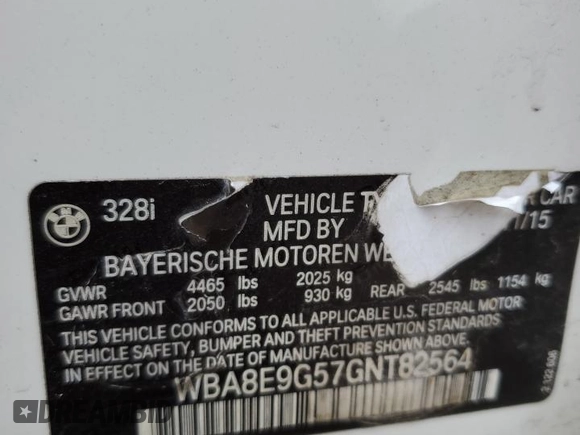 2016 BMW 3 Series 328i z VIN WBA8E9G57GNT82564, wystawiony jako Copart lot #43745895 z przebiegiem 129 921 mil mil oraz Szkoda całkowita • Salvage title. Historia ofert i sprzedaży dostępna na DreamBid. Obrazek 12.