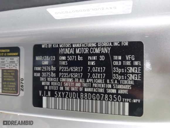 2013 Hyundai Santa Fe Sport with VIN 5XYZUDLB8DG078350, listed as a IAAI auction lot 41888307 with 130,811 mi miles. Bid and sale history available at carsss.com. Image 9.