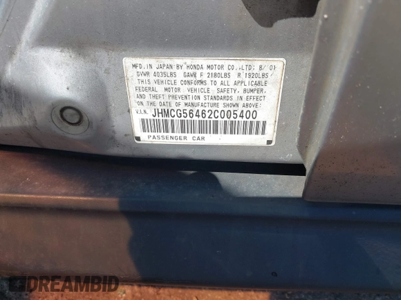 2002 Honda Accord LX z VIN JHMCG56462C005400, wystawiony jako IAAI lot #41893400 z przebiegiem Nie podano mil oraz . Historia ofert i sprzedaży dostępna na DreamBid. Obrazek 9.