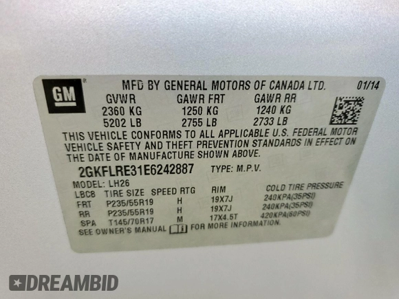 2014 GMC Terrain SLE with VIN 2GKFLRE31E6242887, listed as a Copart auction lot 61242525 with 174,971 mi miles and Salvage title. Bid and sale history available at DreamBid. Image 12.