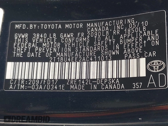 2010 Toyota Corolla with VIN 2T1BU4EE2AC411013, listed as a IAAI auction lot 42052489 with Not Provided miles. Bid and sale history available at carsss.com. Image 9.