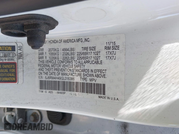 2016 Honda CR-V SE with VIN 5J6RM4H49GL016386, listed as a IAAI auction lot 42034469 with 334,283 mi miles and . Bid and sale history available at carsss.com. Image 9.