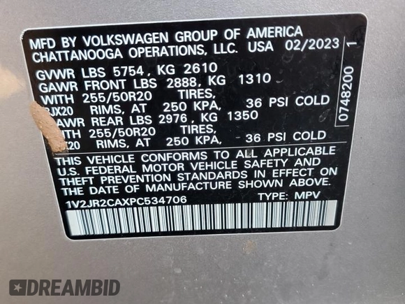 2023 Volkswagen Atlas SE с VIN 1V2JR2CAXPC534706, выставлен на аукционе Copart как лот 86709984 с пробегом 52 085 миль миль и Списание • Salvage title. История ставок и продаж доступна на DreamBid. Изображение 16.