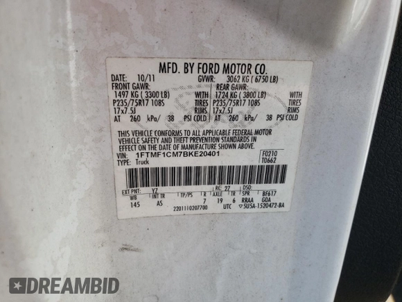 2011 Ford F-150 XL с VIN 1FTMF1CM7BKE20401, выставлен на аукционе Copart как лот 41052284 с пробегом 192 786 миль миль и Чистый • Clean title. История ставок и продаж доступна на DreamBid. Изображение 12.