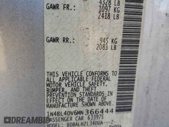 2021 Nissan Altima 2.5 SV with VIN 1N4BL4DV6MN366444, listed as a Copart auction lot 77583564 with 78,746 mi miles and Salvage Title. Bid and sale history available at carsss.com. Image 12.