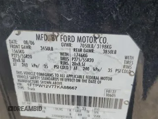 2007 Ford F-150 XLT with VIN 1FTPW12V77KA88667, listed as a Copart auction lot 62866785 with Not provided miles and Salvage title. Bid and sale history available at DreamBid. Image 12.
