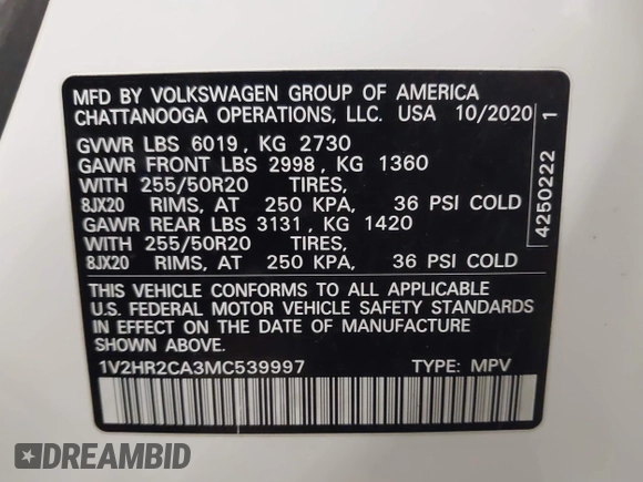 2021 Volkswagen Atlas SE z VIN 1V2HR2CA3MC539997, wystawiony jako IAAI lot #41977786 z przebiegiem 77 372 mil mil oraz . Historia ofert i sprzedaży dostępna na DreamBid. Obrazek 9.