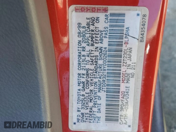 2000 Toyota Celica GT with VIN JTDDR32T8Y0002624, listed as a Copart auction lot 66269173 with 145,950 mi miles and Salvage Title. Bid and sale history available at carsss.com. Image 13.