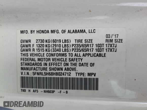 2017 Honda Odyssey EX-L with VIN 5FNRL5H68HB024712, listed as a Copart auction lot 46572565 with 104,917 mi miles and Salvage Title. Bid and sale history available at DreamBid. Image 13.
