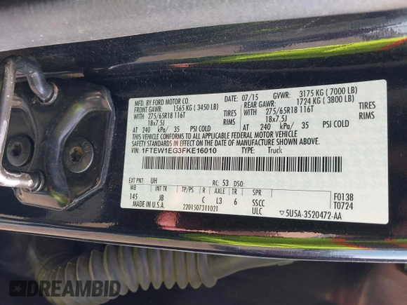 2015 Ford F-150 XLT with VIN 1FTEW1EG3FKE16010, listed as a IAAI auction lot 42107938 with 242,625 mi miles and . Bid and sale history available at DreamBid. Image 9.