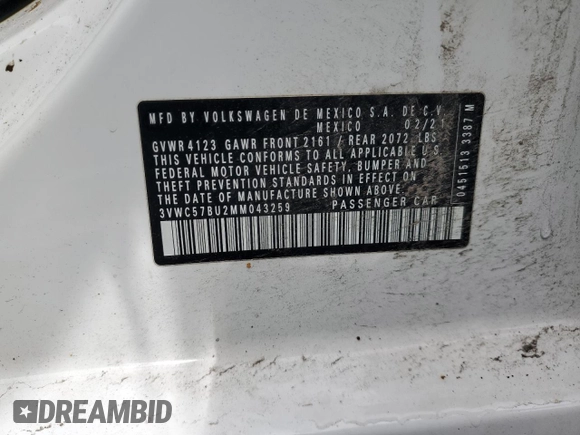 2021 Volkswagen Jetta S z VIN 3VWC57BU2MM043259, wystawiony jako Copart lot #57821305 z przebiegiem Nie podano mil oraz Szkoda całkowita • Salvage title. Historia ofert i sprzedaży dostępna na DreamBid. Obrazek 12.