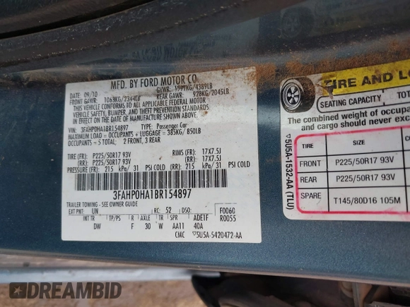 2011 Ford Fusion SE with VIN 3FAHP0HA1BR154897, listed as a IAAI auction lot 41838914 with 278,752 mi miles. Bid and sale history available at carsss.com. Image 9.