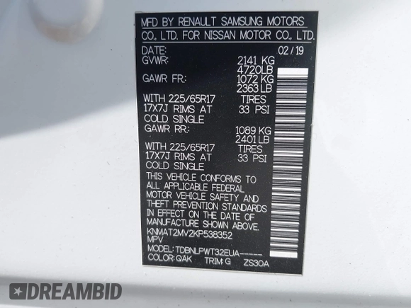 2019 Nissan Rogue SV with VIN KNMAT2MV2KP538352, listed as a IAAI auction lot 42036463 with 69,438 mi miles. Bid and sale history available at carsss.com. Image 9.