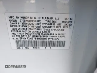2014 Honda Pilot EX-L with VIN 5FNYF3H57EB025702, listed as a IAAI auction lot 41242826 with 190,503 mi miles. Bid and sale history available at carsss.com. Image 9.