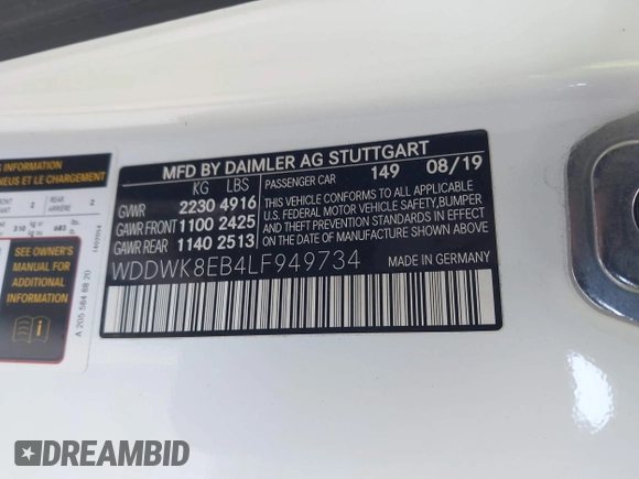 2020 Mercedes-Benz C 300 with VIN WDDWK8EB4LF949734, listed as a IAAI auction lot 41850975 with 25,463 mi miles and . Bid and sale history available at DreamBid. Image 9.