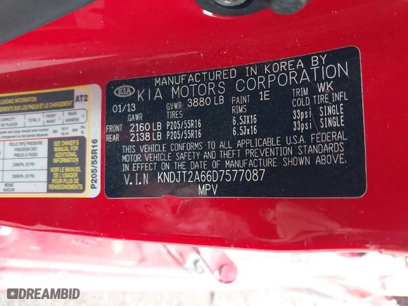 2013 Kia Soul ! with VIN KNDJT2A66D7577087, listed as a IAAI auction lot 41401712 with NaN miles. Bid and sale history available at carsss.com. Image 9.
