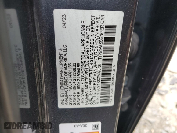 2023 Honda Accord LX with VIN 1HGCY1F2XPA023733, listed as a Copart auction lot 52509365 with 99,663 mi miles and Salvage Title. Bid and sale history available at DreamBid. Image 12.
