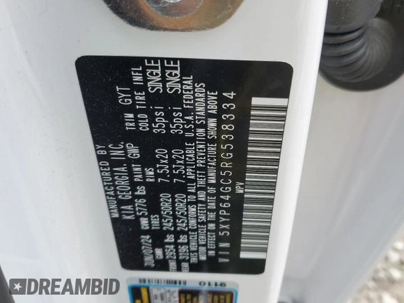 2024 Kia Telluride S with VIN 5XYP64GC5RG538334, listed as a Copart auction lot 53972225 with 14,691 mi miles and Salvage title. Bid and sale history available at DreamBid. Image 13.