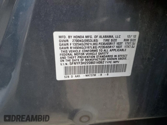 2013 Honda Pilot LX with VIN 5FNYF3H22DB014062, listed as a Copart auction lot 45481404 with 144,141 mi miles and Salvage title. Bid and sale history available at DreamBid. Image 14.
