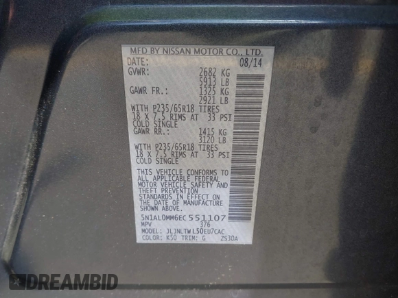 2014 Infiniti QX60 with VIN 5N1AL0MM6EC551107, listed as a IAAI auction lot 42094400 with 161,861 mi miles and . Bid and sale history available at DreamBid. Image 9.